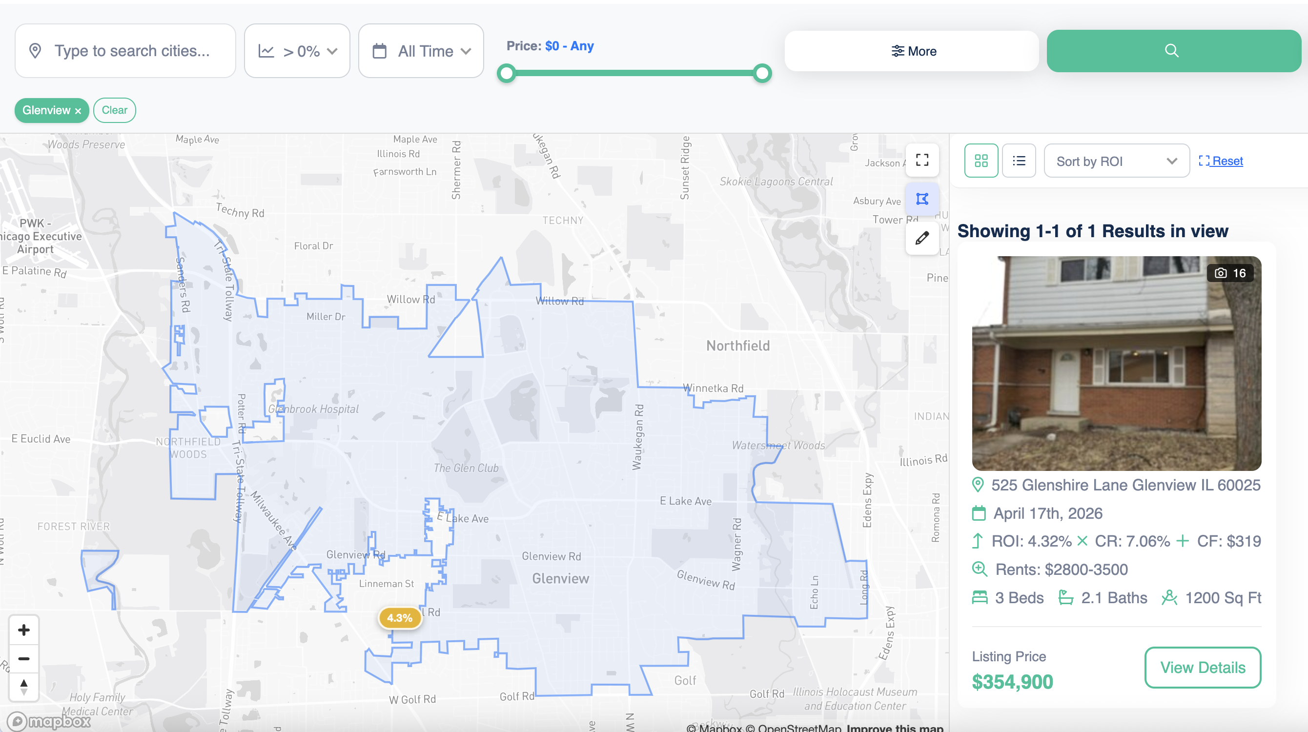 Panda Nook Map View showing ROI in Glenview