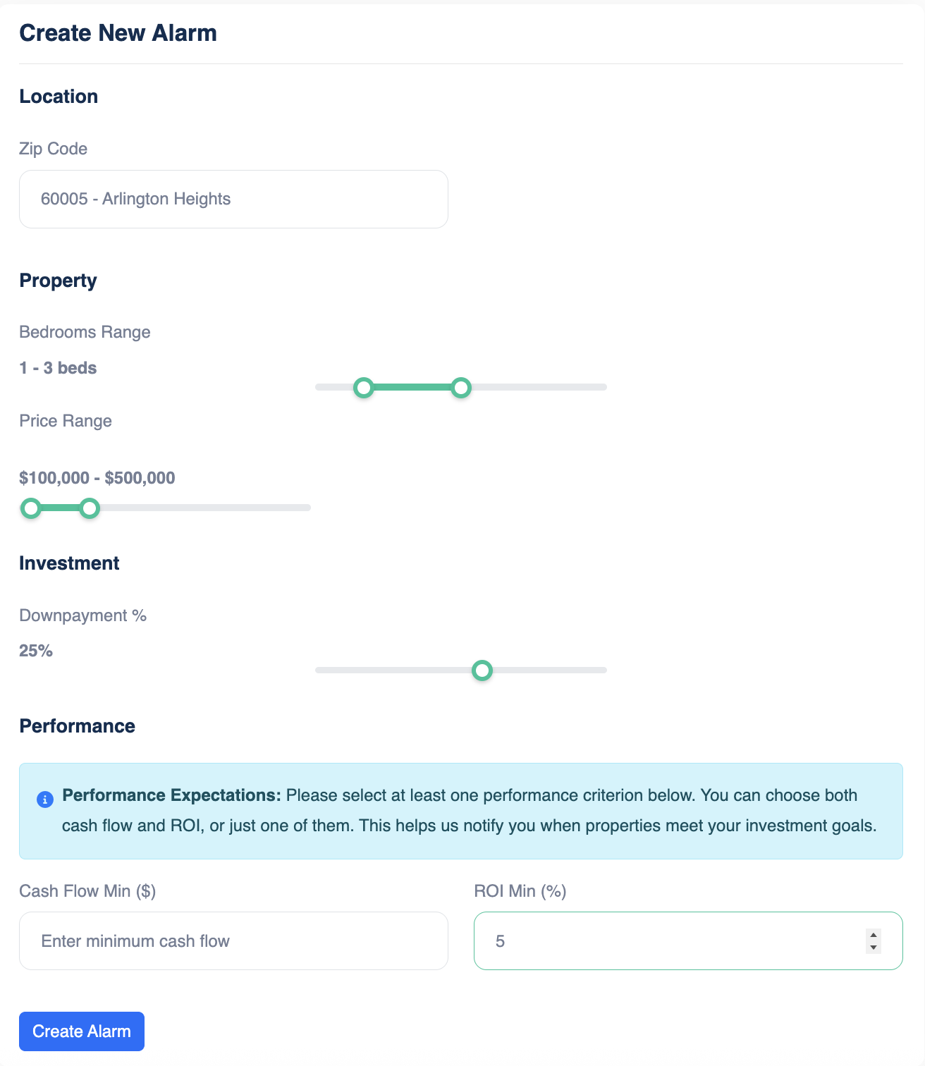 Investment Alarms Setup Page